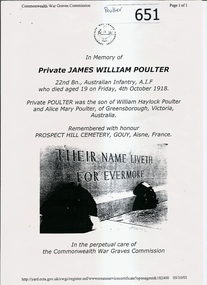 Letter, Letter re Private James William Poulter, 16/04/1920