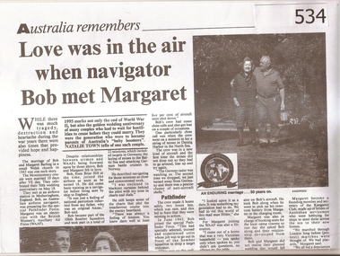 Newspaper clipping, Diamond Valley Leader, Love was in the air when navigator Bob met Margaret, 18/05/1945