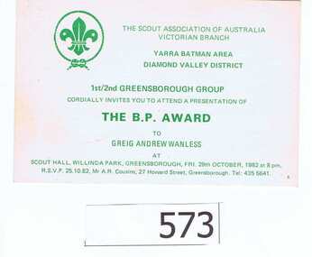 Invitation, The B.P. Award to Greig Wanless, 29/10/1982