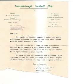 Correspondence, Greensborough Football Club, 1950s