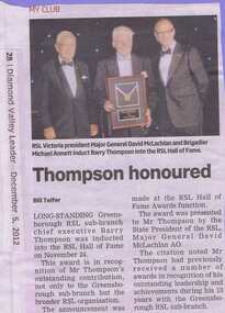 Newspaper clipping, Diamond Valley Leader, Thompson honoured, 05/12/2012
