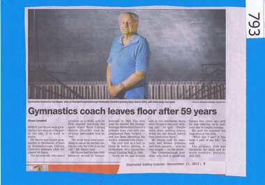 Newspaper clipping, Diamond Valley Leader, Gymnastics coach leaves the floor after 59 years, 21/11/2012