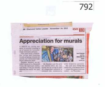 Newspaper clipping, Diamond Valley Leader, Appreciation for murals, 14/11/2012