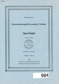 Program, Greensborough Secondary College Open Night 8th August 1990 Gr8750, 08/08/1990