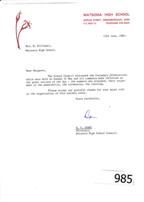 Correspondence, Watsonia High School Council to Margaret Willimott, 1987, 15/06/1987