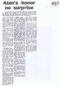 Newspaper Clipping (copy), Alan's honour no surprise, 1973_