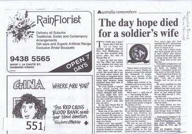 Newspaper Clipping, Diamond Valley News, The day hope died for a soldier's wife, 26/06/1941