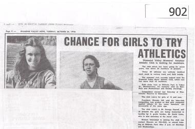 Newspaper Clipping, Diamond Valley News, Chance for girls to try athletics, 24/10/1978