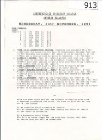 Newsletter, Greensborough Secondary College Student Bulletin 13 November 1991, 13/11/1991