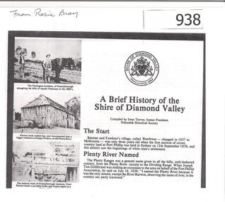Article, Shire of Diamond Valley, A brief history of the Shire of Diamond Valley by Irene Turvey, 1837o