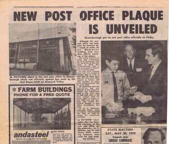 Newspaper Clipping, Diamond Valley Leader, New Post Office plaque is unveiled, 22/05/1970