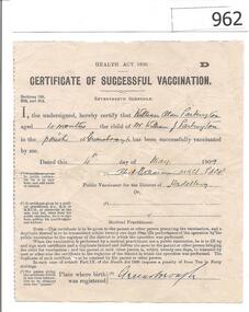 Certificate (copy), Vaccination Certificate: William Alan Partington 1909, 04/05/1909