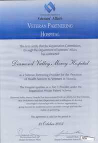Certificate (Framed), Veteran Partnering Hospital (Diamond Valley Mercy Hospital), 2000-2003