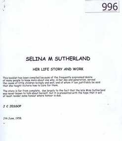 Article, J.C.Jessop, Selina M Sutherland: her life story and work by J.C. Jessop (1958), 26/12/1839o
