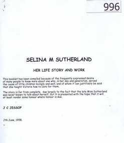 Article, Selina M Sutherland: her life story and work by J.C. Jessop (1958), 26/12/1839o