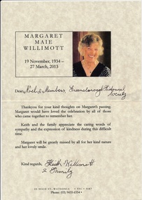 Letter, Margaret Maie Willimott (1934-2013), 27/03/2013