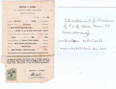 Receipt, Bill Cecil, Purchase of General Store and Post Office, 1944, 07/06/1944