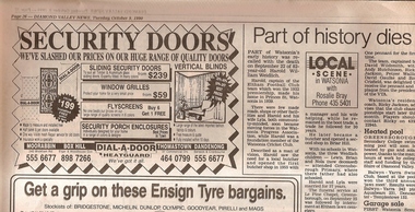 Newspaper Clipping, Diamond Valley News, Part of history dies: Harold Weidlich, 09/10/1990