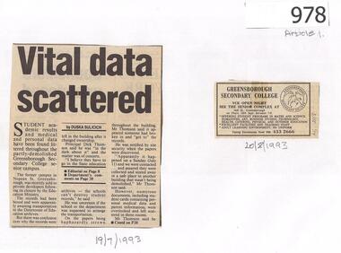 Newspaper Clippings, Diamond Valley News, Vital data scattered / Outrage at littered documents, 19/07/1993
