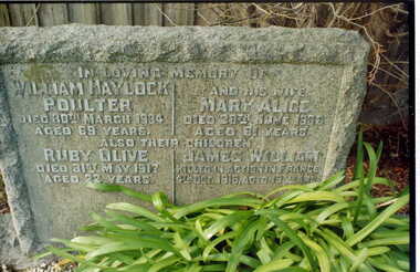 Photograph - Digital Image, Grave of William Haylock Poulter and Mary Alice Poulter, and their children Ruby O. Poulter and James W. Poulter, Greensborough Cemetery, 20/03/1934