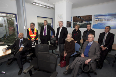 Photograph - Digital image, Watermarc under construction: Visitor group seated in site office, 18/05/2012