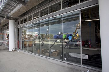 Photograph - Digital image, Watermarc under construction: View of windows with reflection of waterslide, 18/05/2012