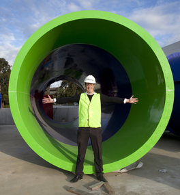Photograph - Digital image, Watermarc under construction: Visitor in waterslide component, 18/05/2012