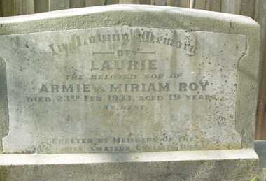 Photograph - Digital Image, Grave of Laurie Roy, Greensborough Cemetery, 23/02/1933