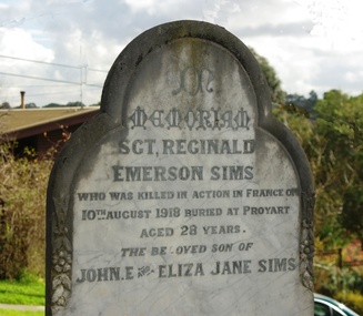 Photograph - Digital image, Grave of  Reginald E Sims, Greensborough Cemetery, 10/08/1918