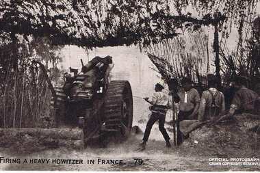 Postcard - Digital Image, World War I postcard - Firing a Howitzer in France [and caption], 07/12/1917