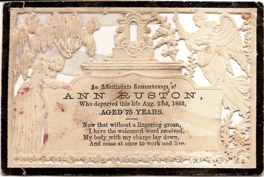 Bereavement Card -  Digital image, Ann Ruston - bereavement card 1868, 21/08/1868