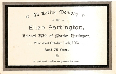 Bereavement Card -  Digital image, Ellen Partington - bereavement card 1903, 13/10/1903