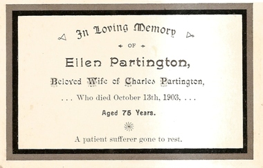 Bereavement Card -  Digital image, Ellen Partington - bereavement card 1903, 13/10/1903