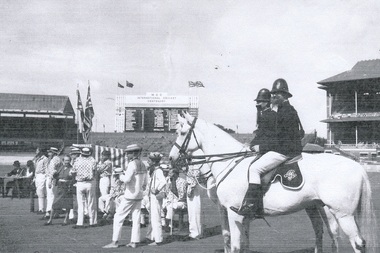 Photograph - Digital image, Trevor Partington and mounted Police at MCG, 1963_