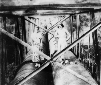 Photograph - Digital image, Ladies on aqueduct, 1950c
