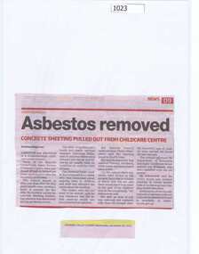 Newspaper clipping, Asbestos removed, 18/12/2013