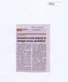 Newspaper Clipping, Investors and elderly in danger zone: architect, 02/04/2014