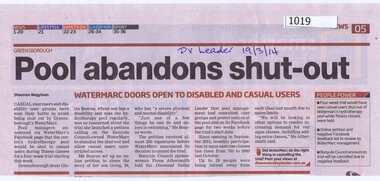Newspaper Clipping, Pool abandons shut-out, 19/03/2014