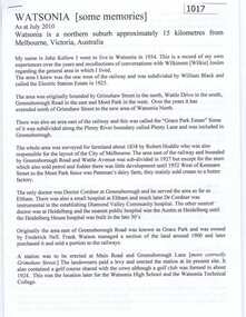 Memoir, Watsonia - some memories by John Kellow, 1934o