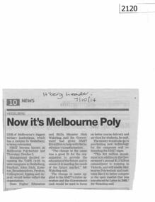 Newspaper clipping, Now its Melbourne Poly, 07/10/2014