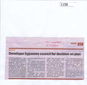 Newspaper clipping, Developer bypasses council for decision on plan, 27/08/2014