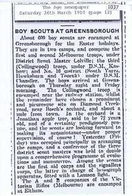 Newspaper clipping, Boy scouts at Greensborough, 26/03/1910