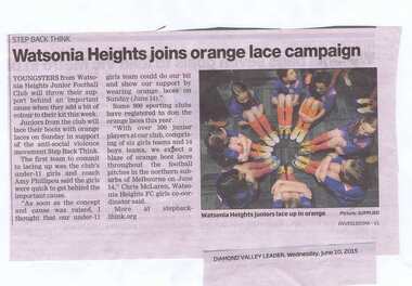 Newspaper clipping, Watsonia Heights joins orange lace campaign, 10/06/2015