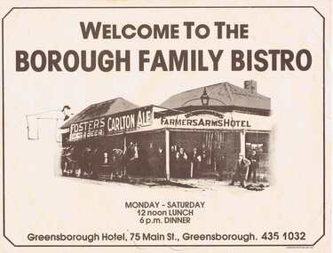 Table mat, Greensborough Hotel, Greensborough Family Bistro, 1970s