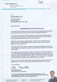 Letter, Greensborough TAFE up for sale!, 2014_06