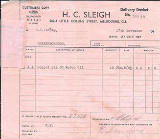 Receipt, H.C.Sleigh Limited, H. C .Sleigh to Jessop's car dealership, 17/11/1943