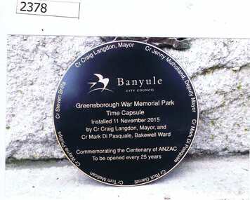Report and photographs, Remembrance Day Time Capsule 2015, 11/11/2015
