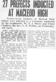 Newspaper Clipping - Digital Image, 1963 Macleod High School McHIGH 27 Prefects inducted, 03/04/1963