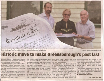 Newspaper clipping, Historic move to make Greensborough's past last, 19/03/2010