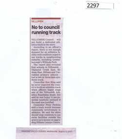 Newspaper clipping, No to council running track, 05/08/2015